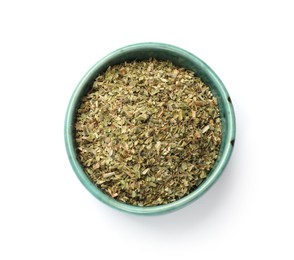 Photo of Dried oregano in bowl isolated on white, top view