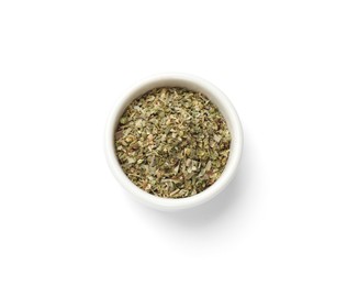 Dried oregano in bowl isolated on white, top view