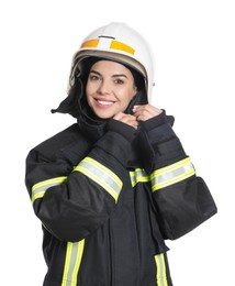 Portrait of firefighter in uniform wearing helmet on white background