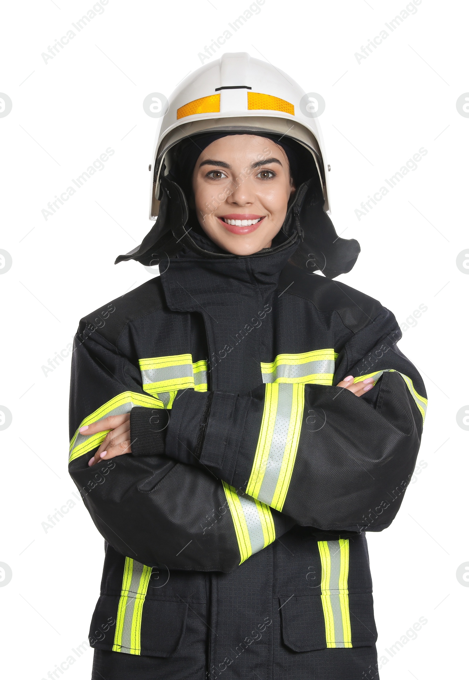 Photo of Portrait of firefighter in uniform and helmet on white background