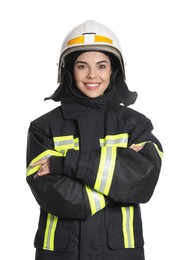 Portrait of firefighter in uniform and helmet on white background