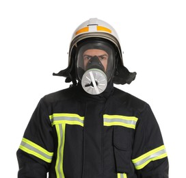 Photo of Portrait of firefighter in uniform, helmet and gas mask on white background