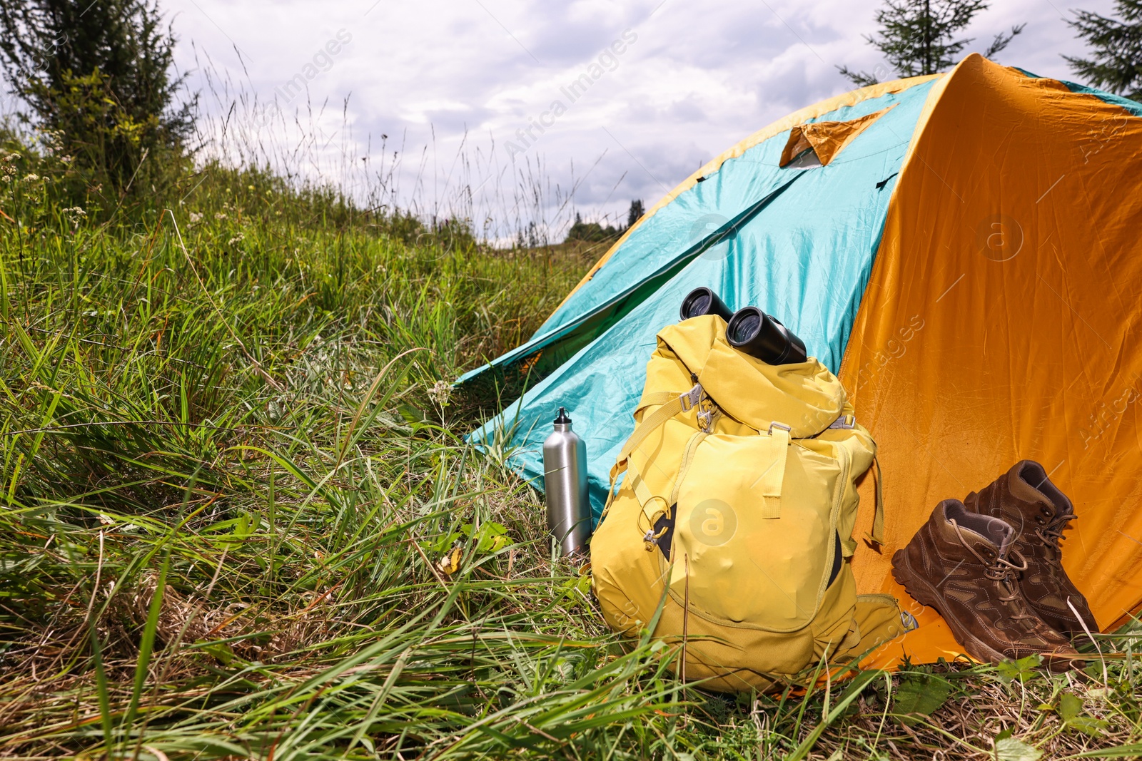 Photo of Tent, backpack, binoculars and shoes on green grass outdoors, space for text