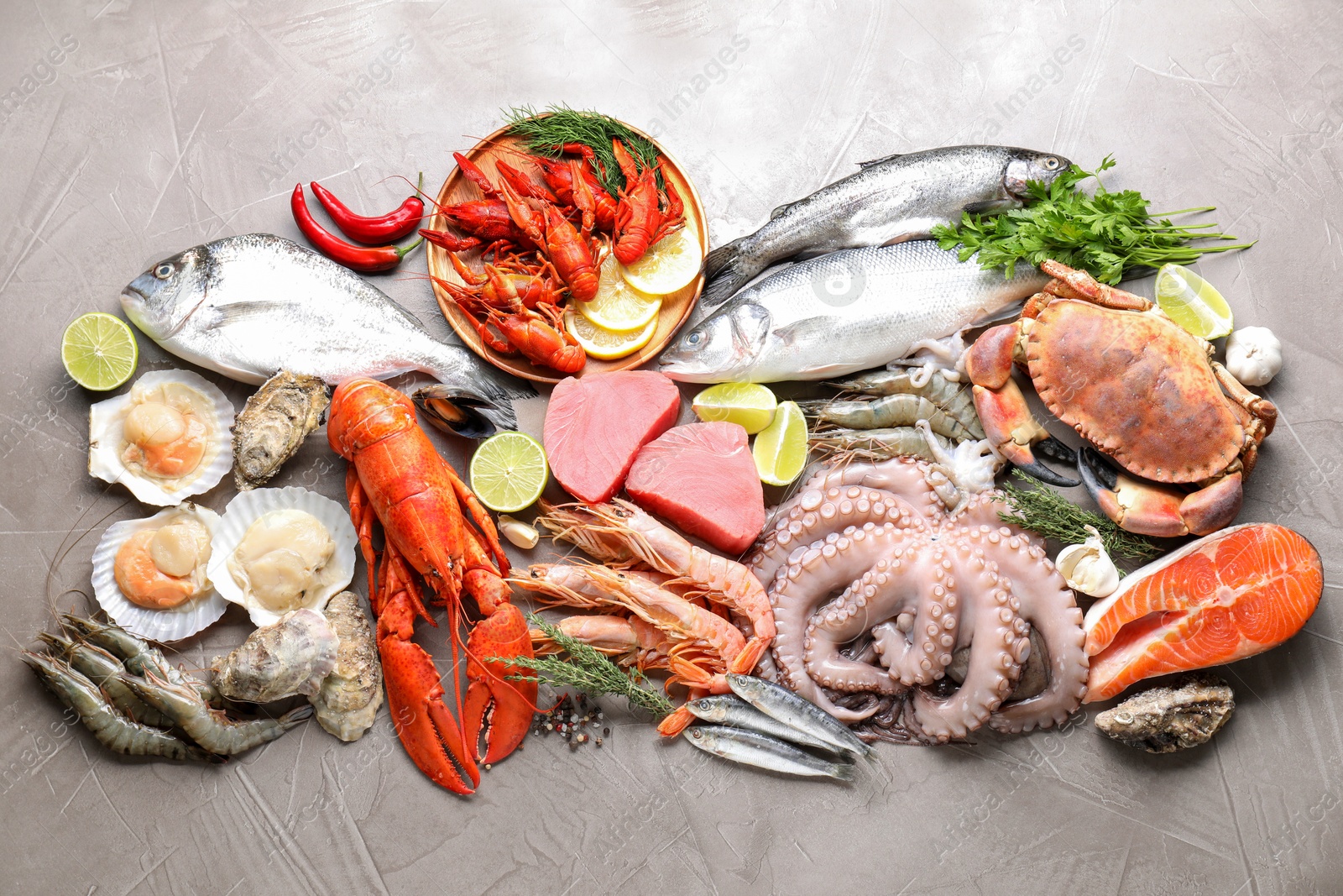 Photo of Many different sea food, herbs and lime on grey textured table, flat lay