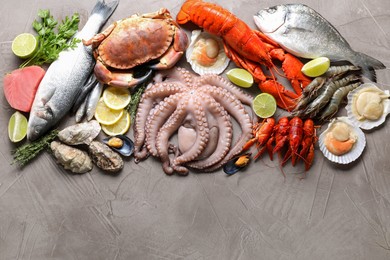 Many different sea food, herbs, lemon and lime on grey textured table, flat lay. Space for text