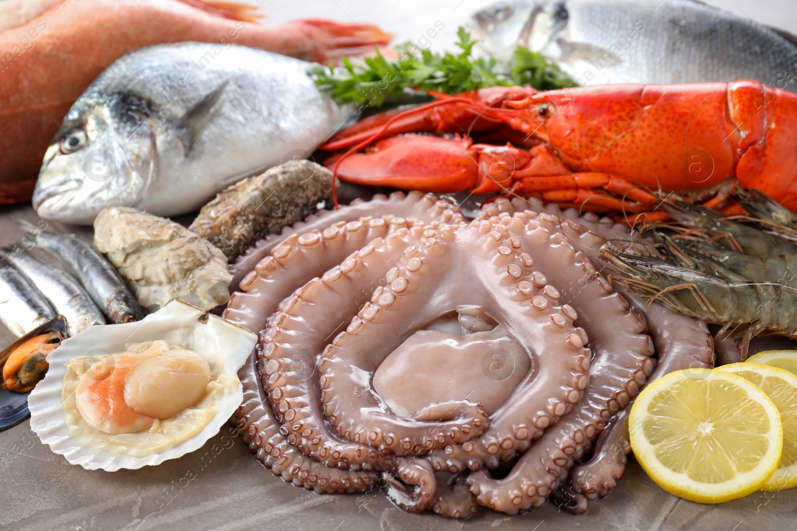 Photo of Many different sea food and lemon on grey textured table, closeup