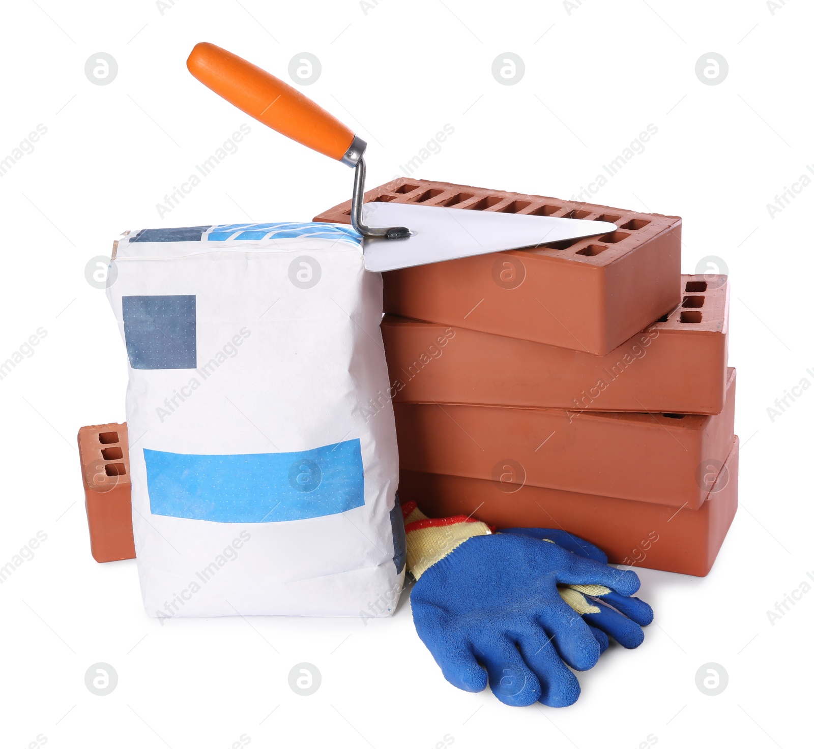 Photo of Cement powder in bag, trowel, gloves and red bricks isolated on white. Building materials and construction tools