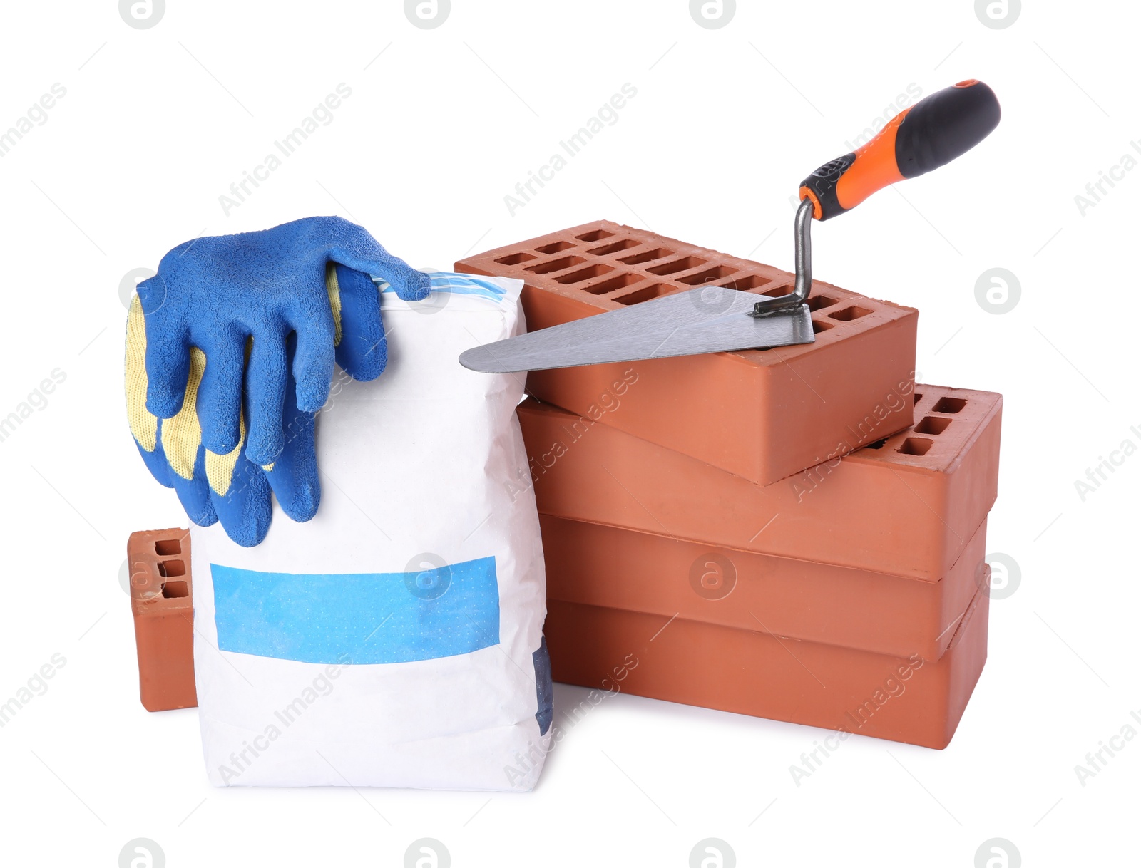 Photo of Cement powder in bag, trowel, gloves and red bricks isolated on white. Building materials and construction tools