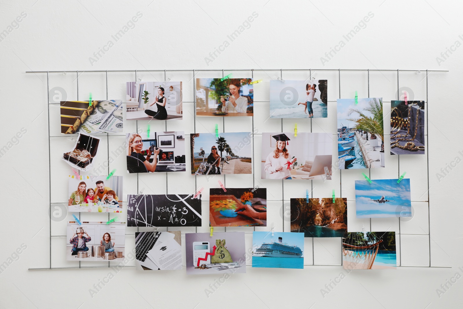 Photo of Vision board with different images on light background