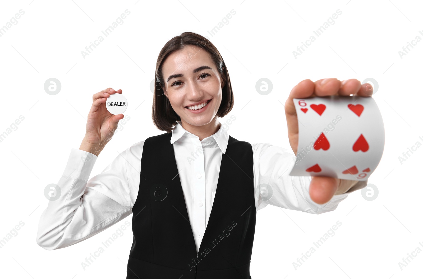 Photo of Professional croupier with cards and dealer button on white background