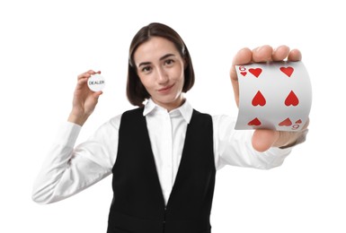 Photo of Professional croupier with cards and dealer button on white background