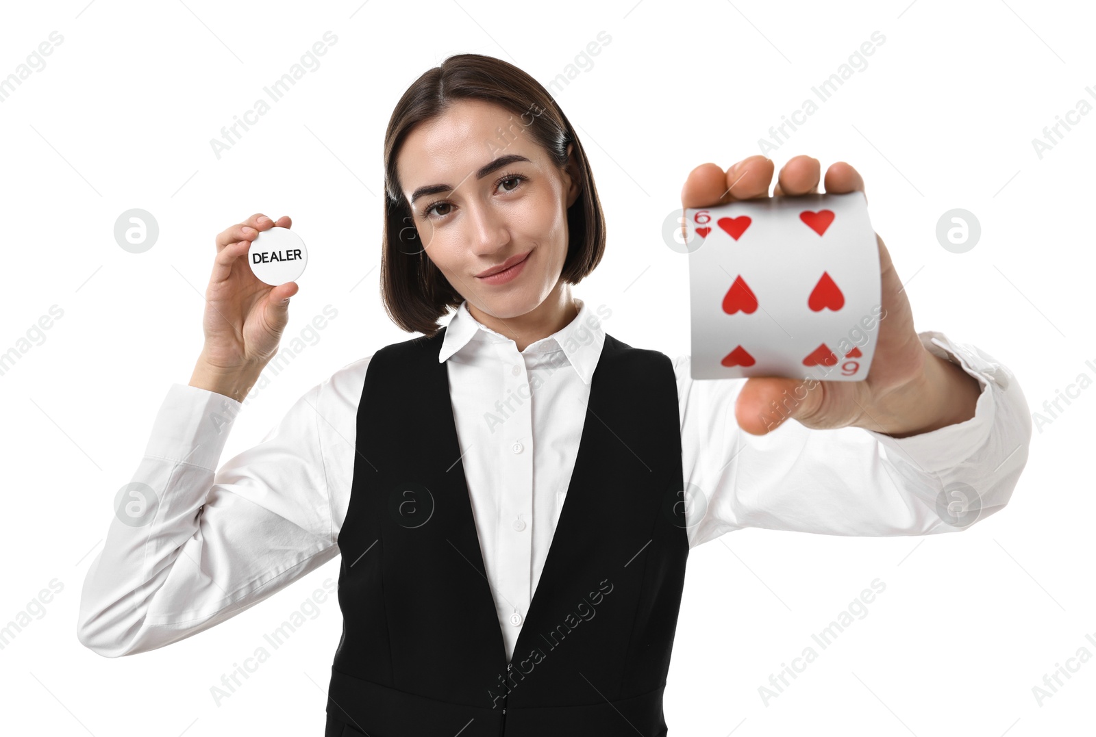 Photo of Professional croupier with cards and dealer button on white background