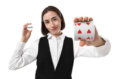 Professional croupier with cards and dealer button on white background