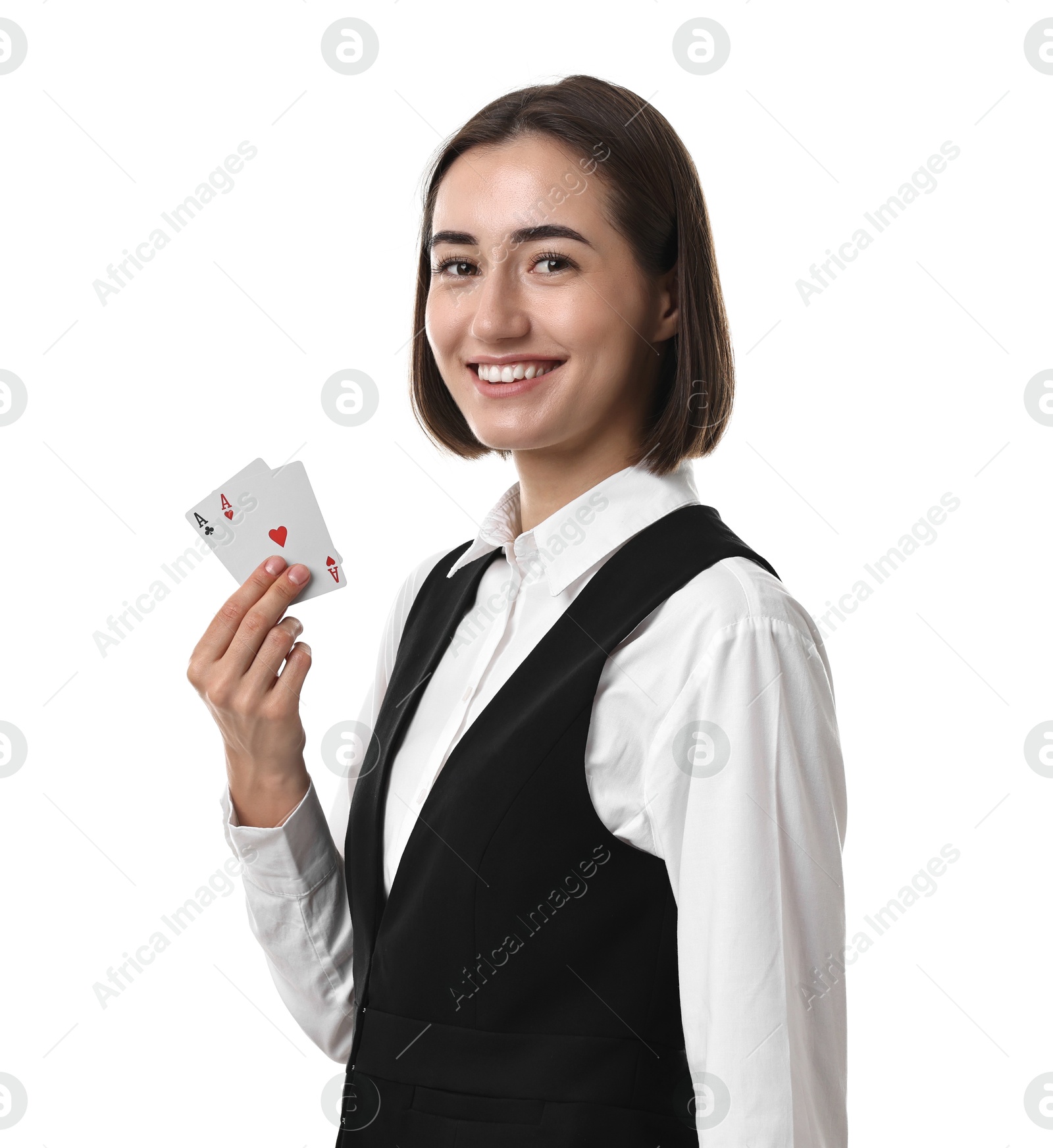 Photo of Professional croupier with playing cards on white background