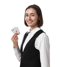 Photo of Professional croupier with playing cards on white background