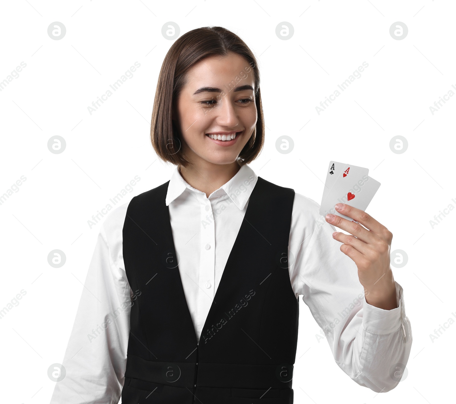 Photo of Professional croupier with playing cards on white background