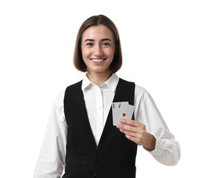 Professional croupier with playing cards on white background