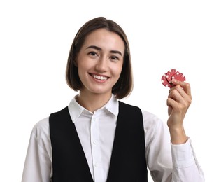 Professional croupier with casino chips on white background