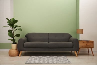 Photo of Stylish sofa, side table and houseplant near green wall indoors