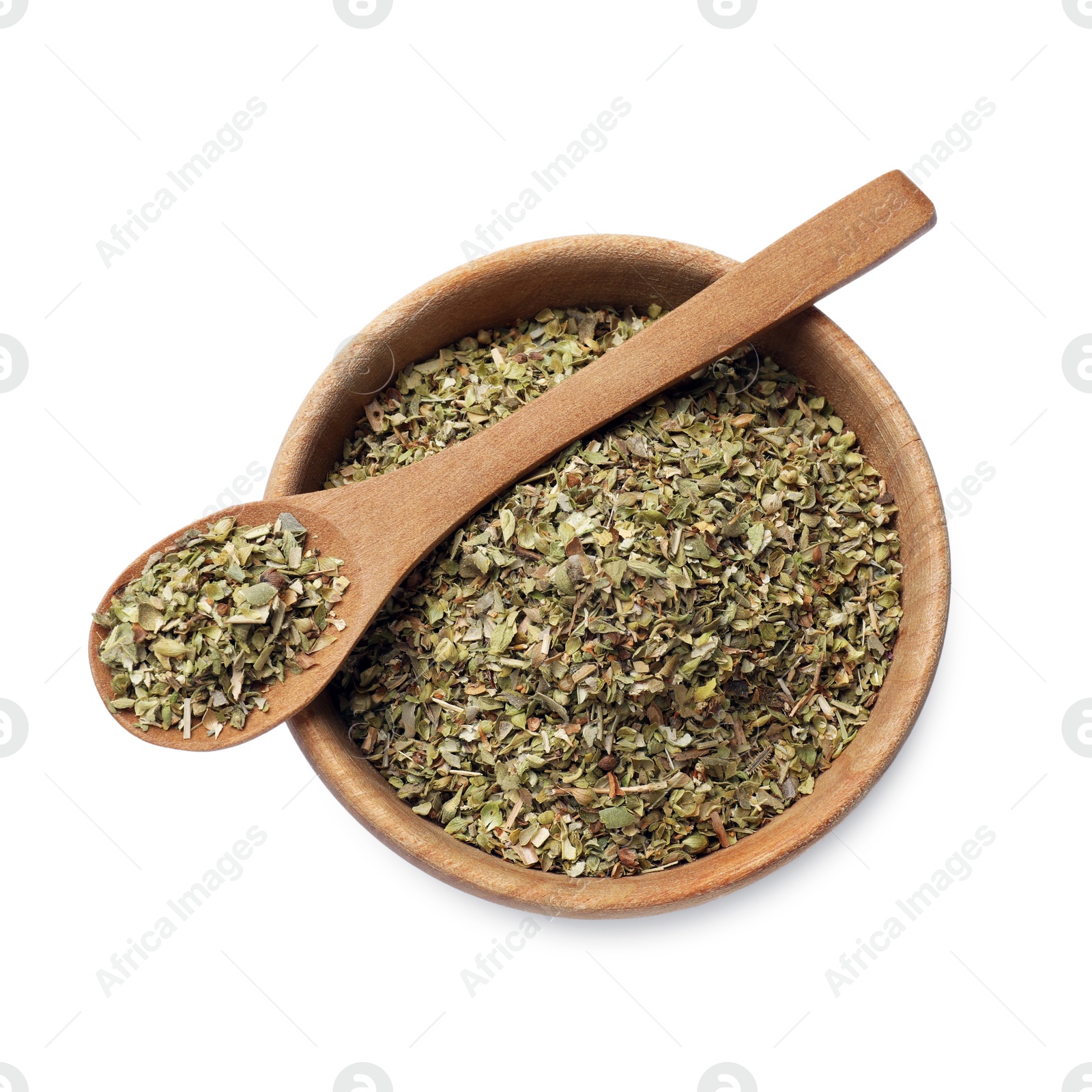 Photo of Dried oregano in bowl and spoon isolated on white, top view