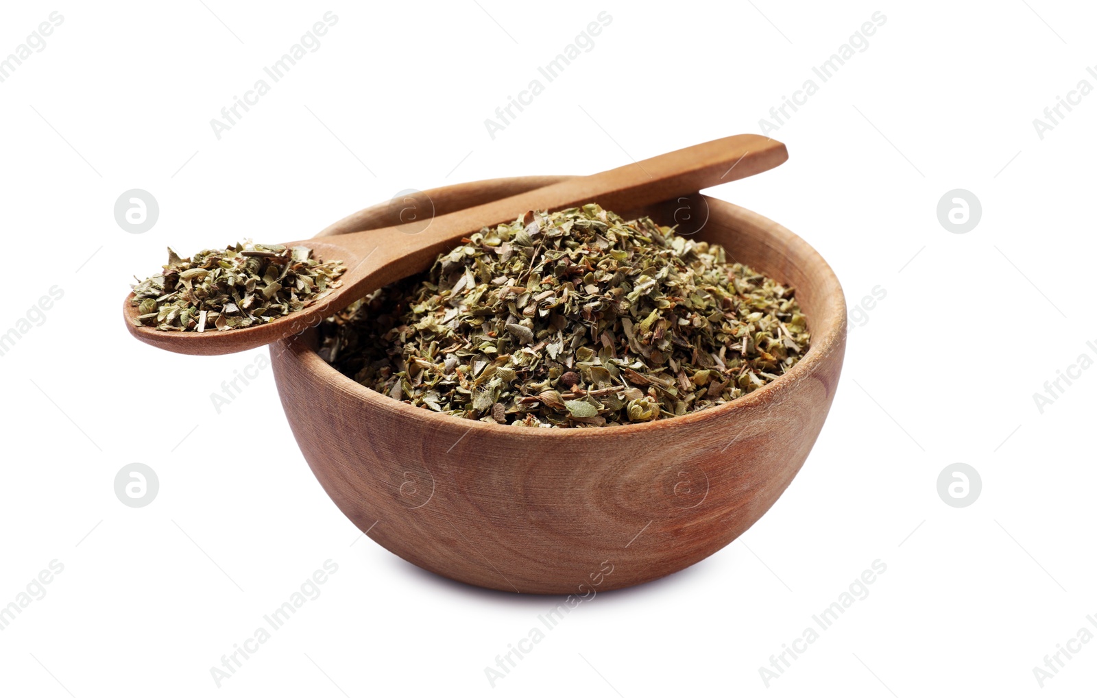 Photo of Dried oregano in bowl and spoon isolated on white