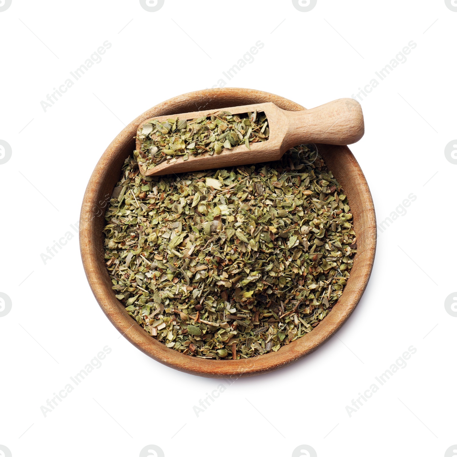 Photo of Dried oregano in bowl and scoop isolated on white, top view