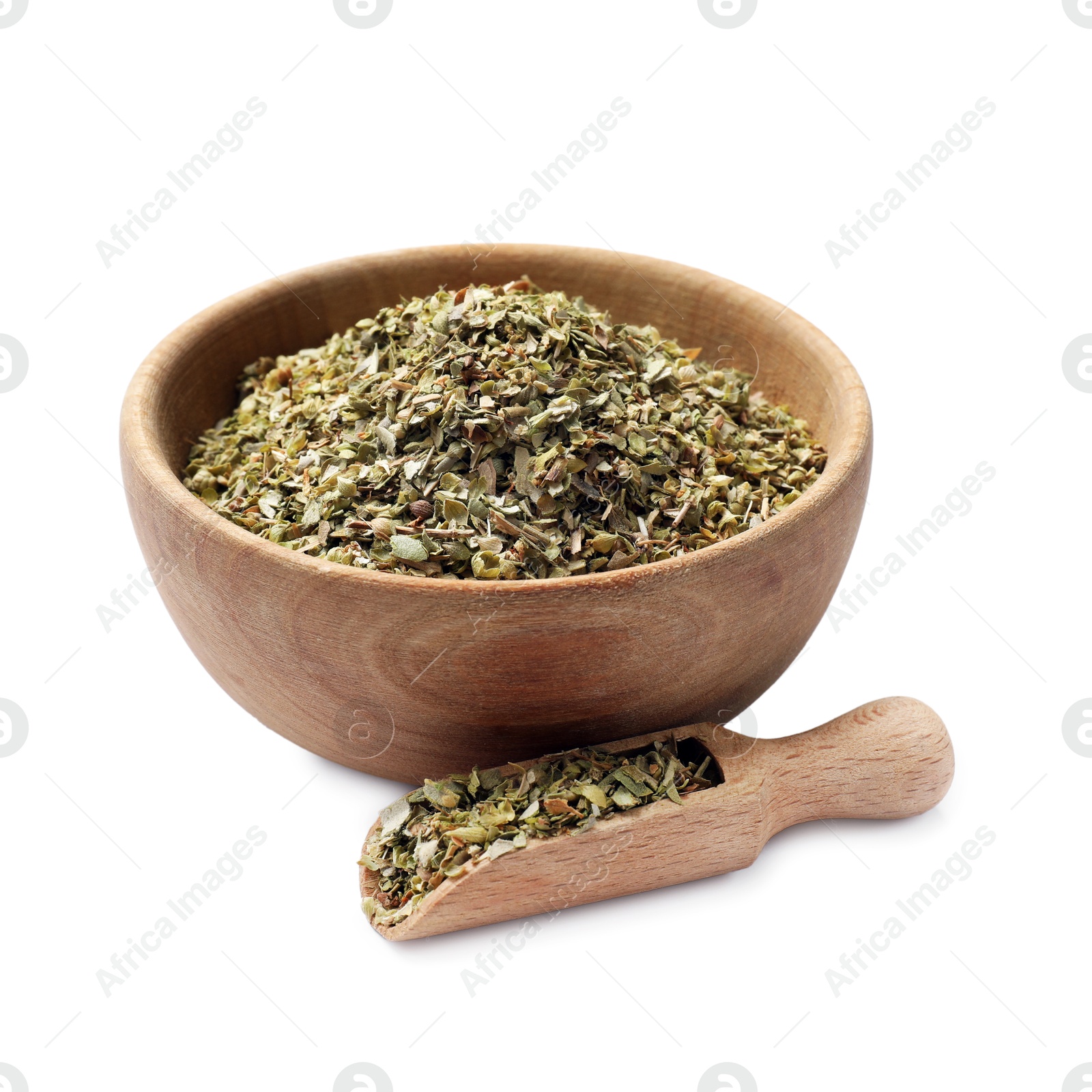 Photo of Dried oregano in bowl and scoop isolated on white