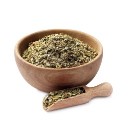 Photo of Dried oregano in bowl and scoop isolated on white