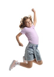 Cute girl in skirt jumping on white background