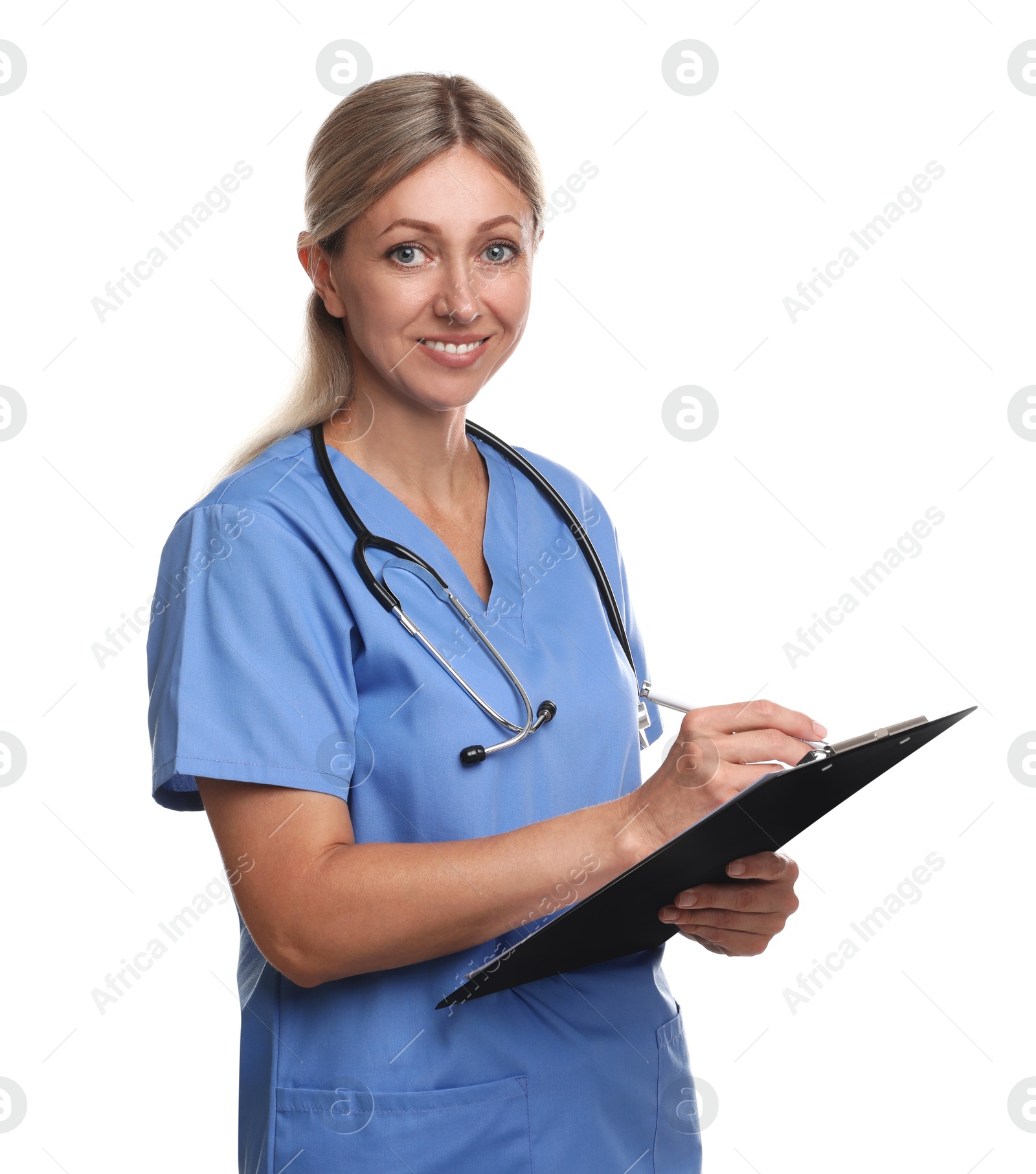 Photo of Doctor in medical uniform with clipboard and stethoscope isolated on white