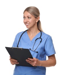 Doctor in medical uniform with clipboard and stethoscope isolated on white