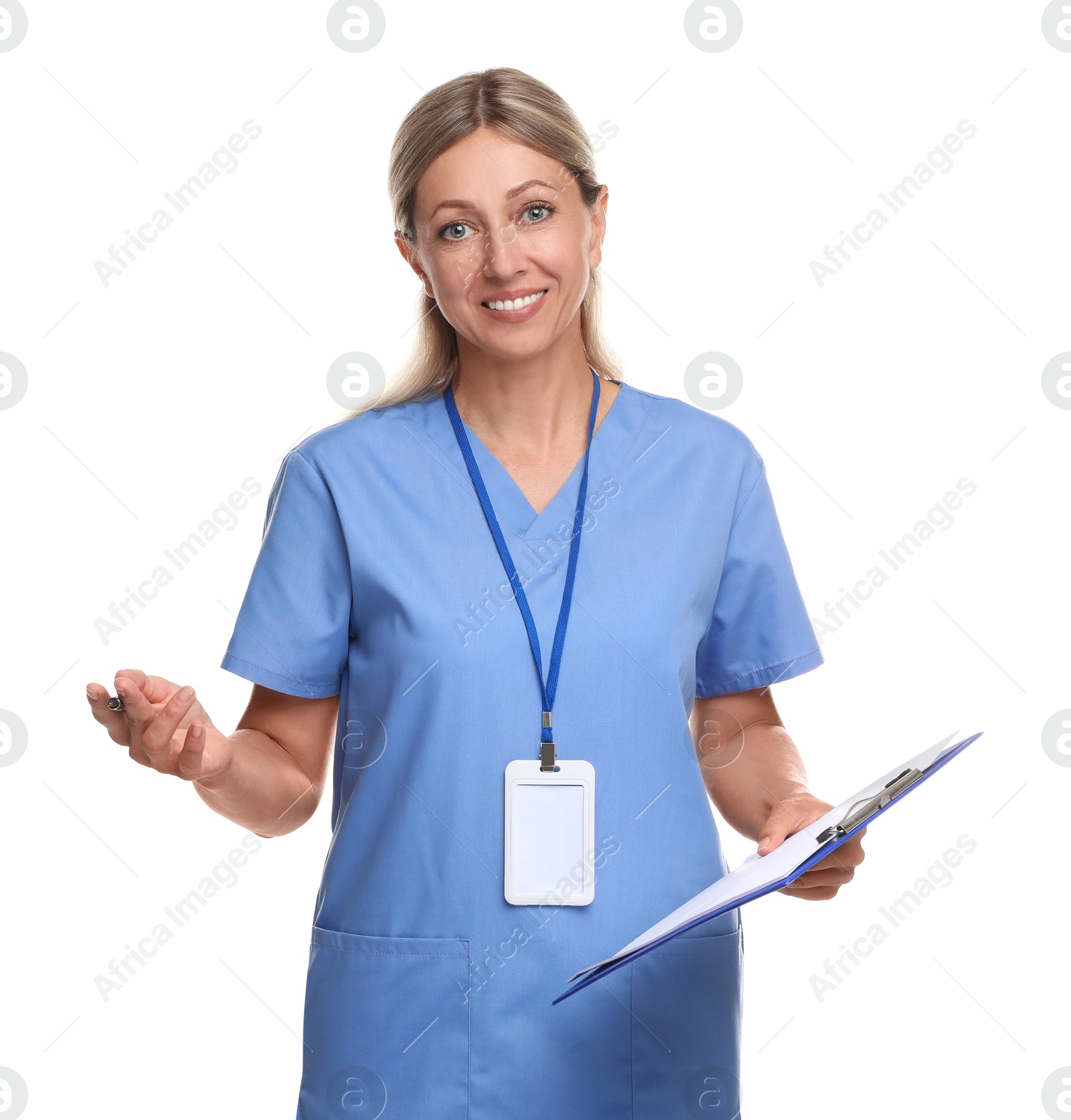 Photo of Nurse in medical uniform with clipboard and badge isolated on white