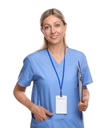 Photo of Nurse in medical uniform with clipboard and badge isolated on white