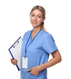 Photo of Nurse in medical uniform with clipboard and badge isolated on white