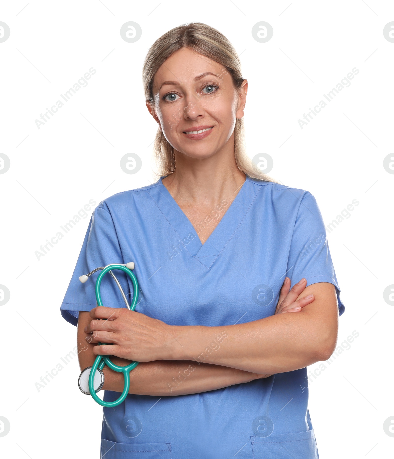 Photo of Portrait of doctor in medical uniform with stethoscope isolated on white