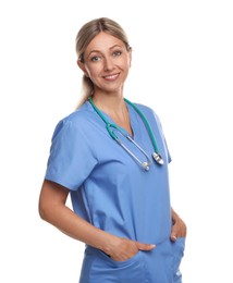 Photo of Portrait of doctor in medical uniform with stethoscope isolated on white