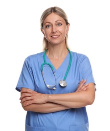 Portrait of doctor in medical uniform with stethoscope isolated on white