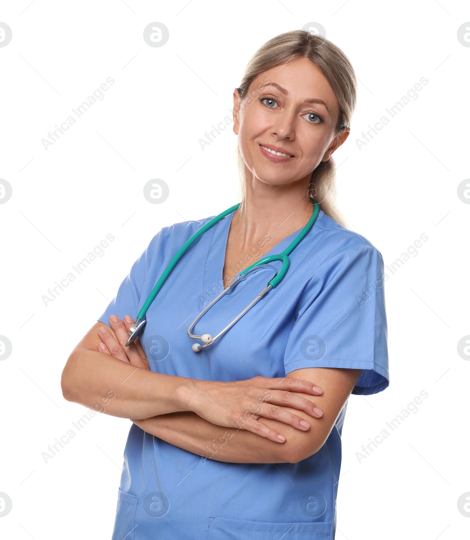 Photo of Portrait of doctor in medical uniform with stethoscope isolated on white