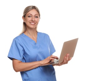 Doctor in medical uniform with laptop isolated on white