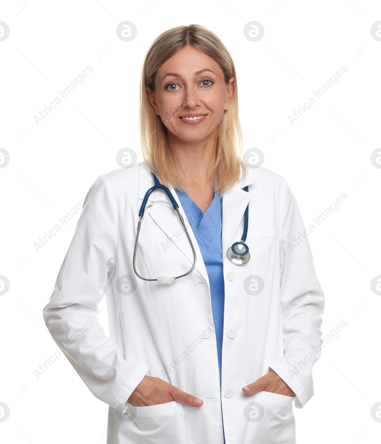 Photo of Portrait of doctor in medical uniform with stethoscope isolated on white