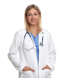 Portrait of doctor in medical uniform with stethoscope isolated on white