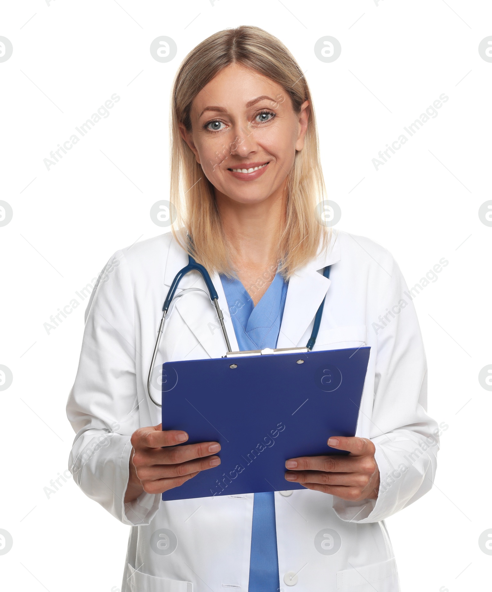 Photo of Portrait of doctor in medical uniform with stethoscope and clipboard isolated on white