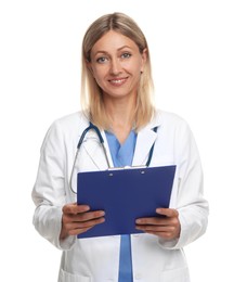 Photo of Portrait of doctor in medical uniform with stethoscope and clipboard isolated on white