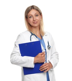 Photo of Portrait of doctor in medical uniform with stethoscope and clipboard isolated on white