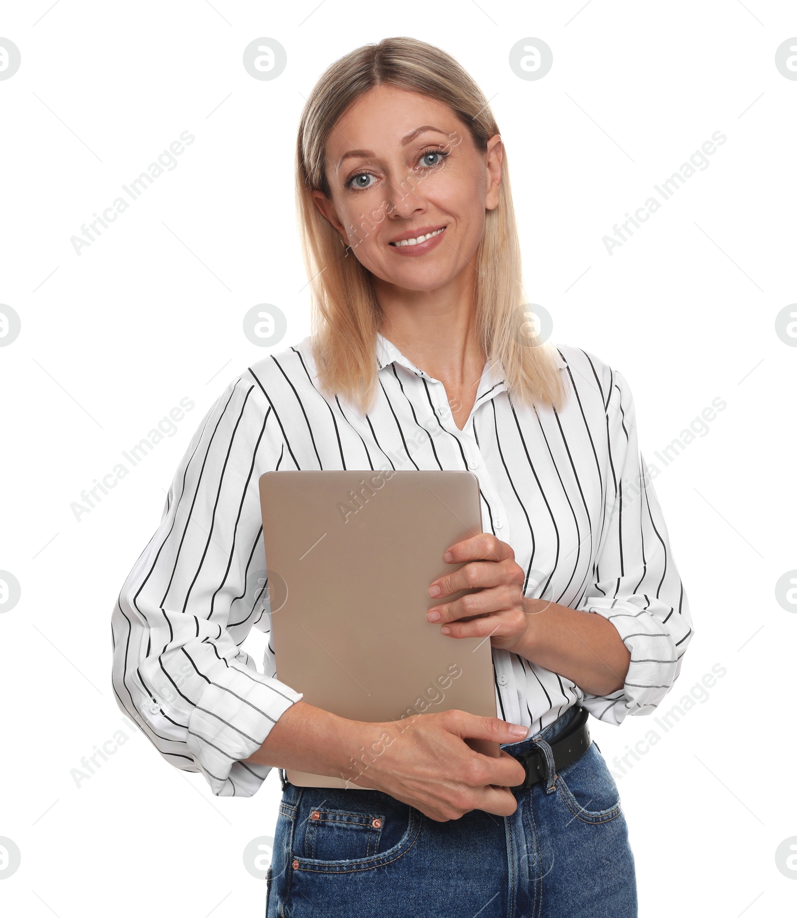 Photo of Beautiful smiling woman with laptop isolated on white