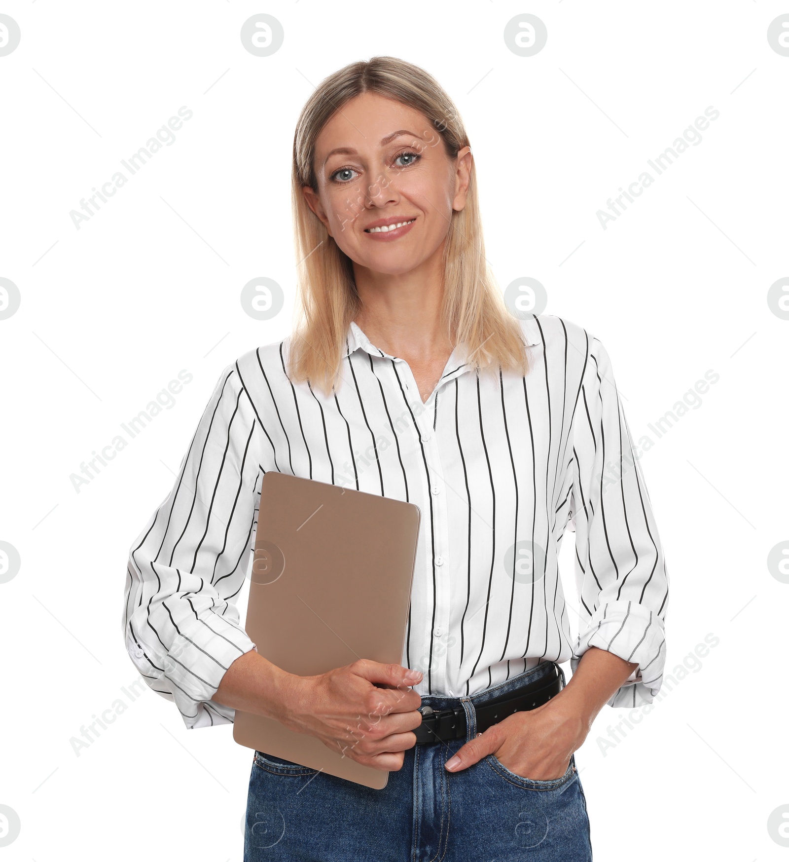 Photo of Beautiful smiling woman with laptop isolated on white