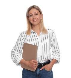 Photo of Beautiful smiling woman with laptop isolated on white