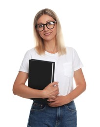 Photo of Portrait of beautiful smiling woman in glasses with book isolated on white