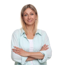 Portrait of beautiful smiling woman isolated on white