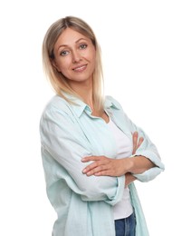 Portrait of beautiful smiling woman isolated on white